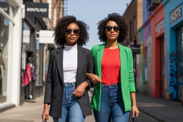 Dva přátelé v módním oblečení kráčejí městskou ulicí s barevnými graffiti v pozadí.