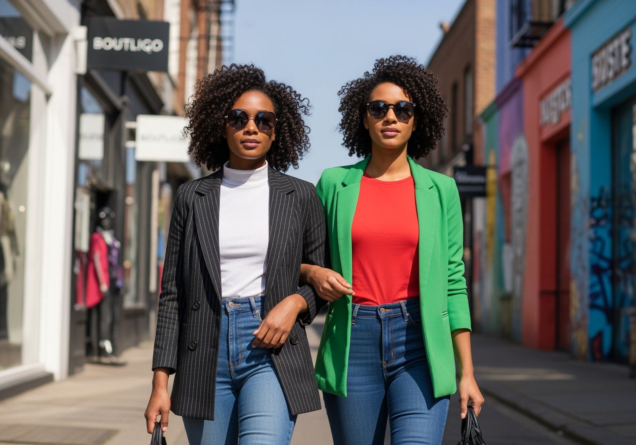 Dva přátelé v módním oblečení kráčejí městskou ulicí s barevnými graffiti v pozadí.