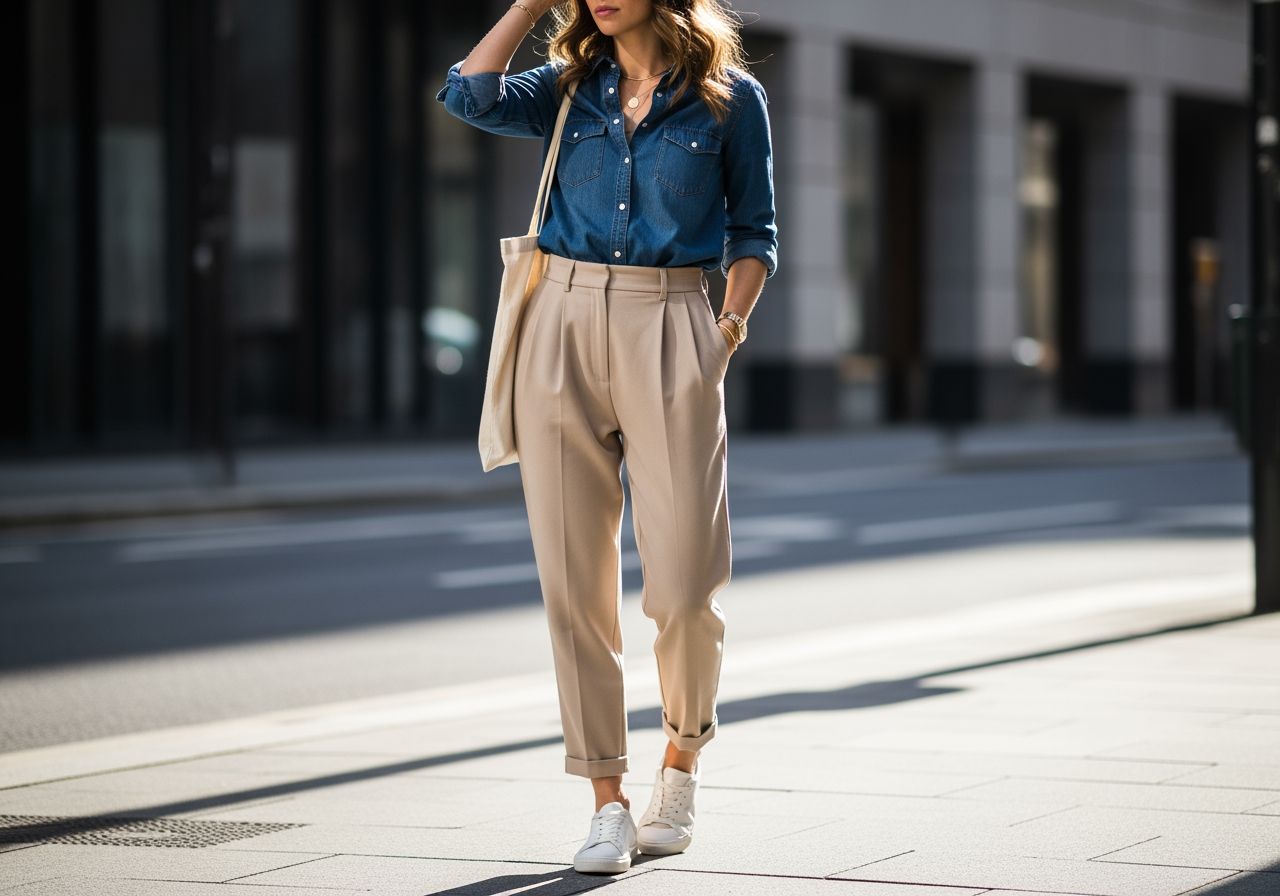 Žena v modré džínové košili, béžových kalhotách a bílých teniskách na městské ulici.
