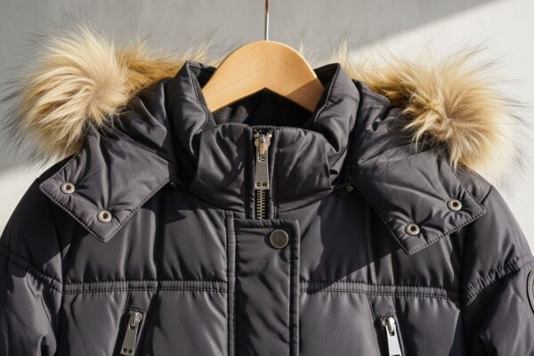 Warmá zimní parka na dřevěném ramínku s kožešinovou kapucí a kovovým zipem na neutrálním pozadí