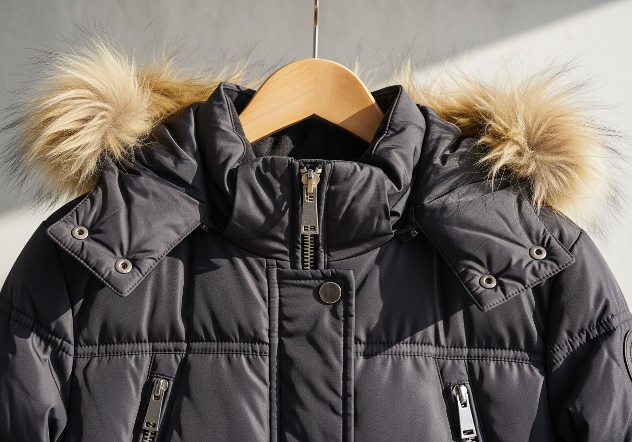 Warmá zimní parka na dřevěném ramínku s kožešinovou kapucí a kovovým zipem na neutrálním pozadí