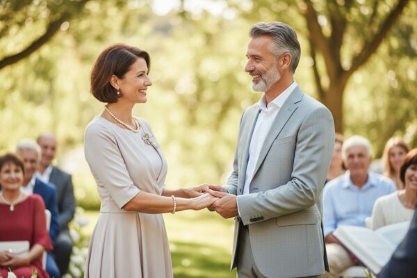 Stylový zralý pár na venkovní civilní svatbě drží ruce a usmívá se, pozadí s hosty a přírodou.