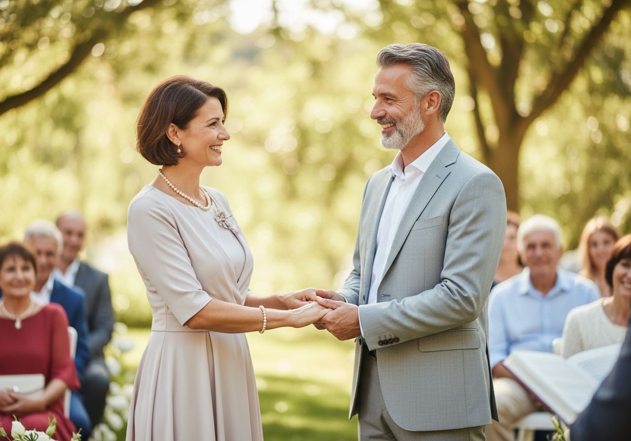 Stylový zralý pár na venkovní civilní svatbě drží ruce a usmívá se, pozadí s hosty a přírodou.
