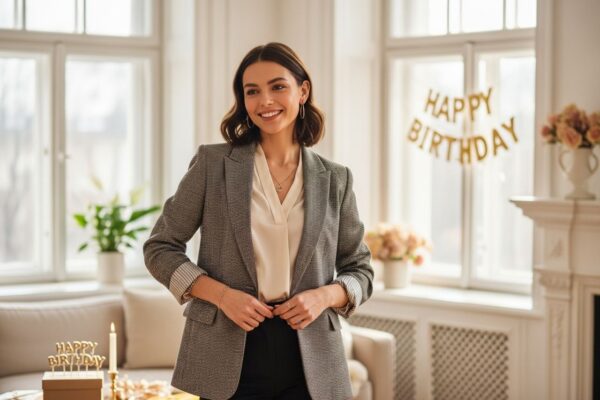 Mladá žena upravuje svůj outfit v obývacím pokoji připraveném na narozeninovou oslavu.