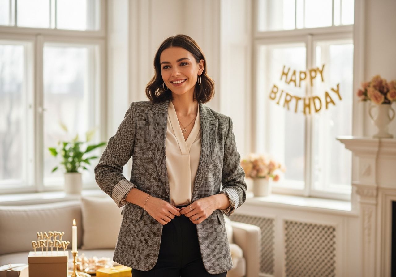 Mladá žena upravuje svůj outfit v obývacím pokoji připraveném na narozeninovou oslavu.