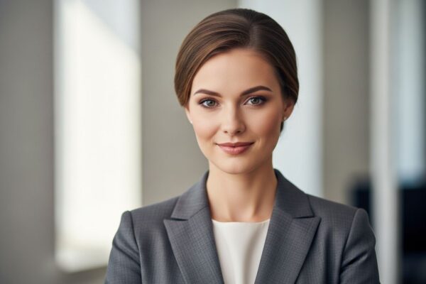 Mladá profesionálka v obleku s úsměvem, stojí na neutrálním kancelářském pozadí, dívá se do kamery