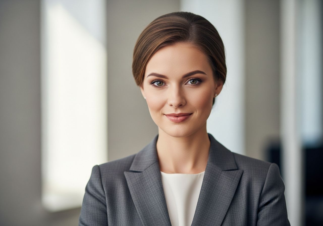 Mladá profesionálka v obleku s úsměvem, stojí na neutrálním kancelářském pozadí, dívá se do kamery
