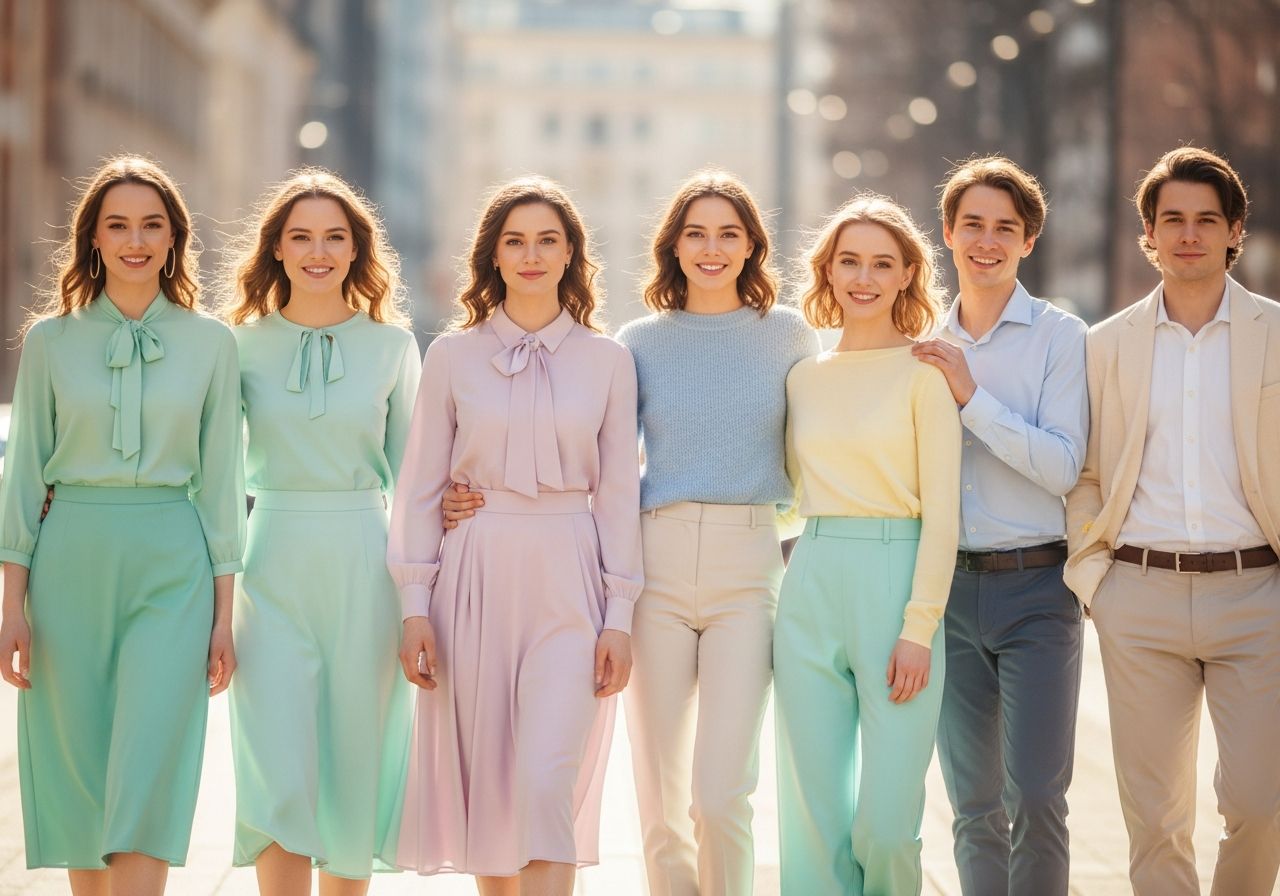 Skupina mladých lidí v pastelových barvách v městském prostředí během jara.