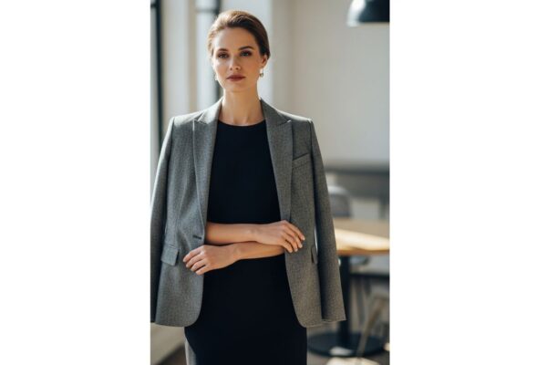 Žena v černých šatech a sako stojí v moderní kanceláři, zaměřeno na kvalitní materiály a střih saka.