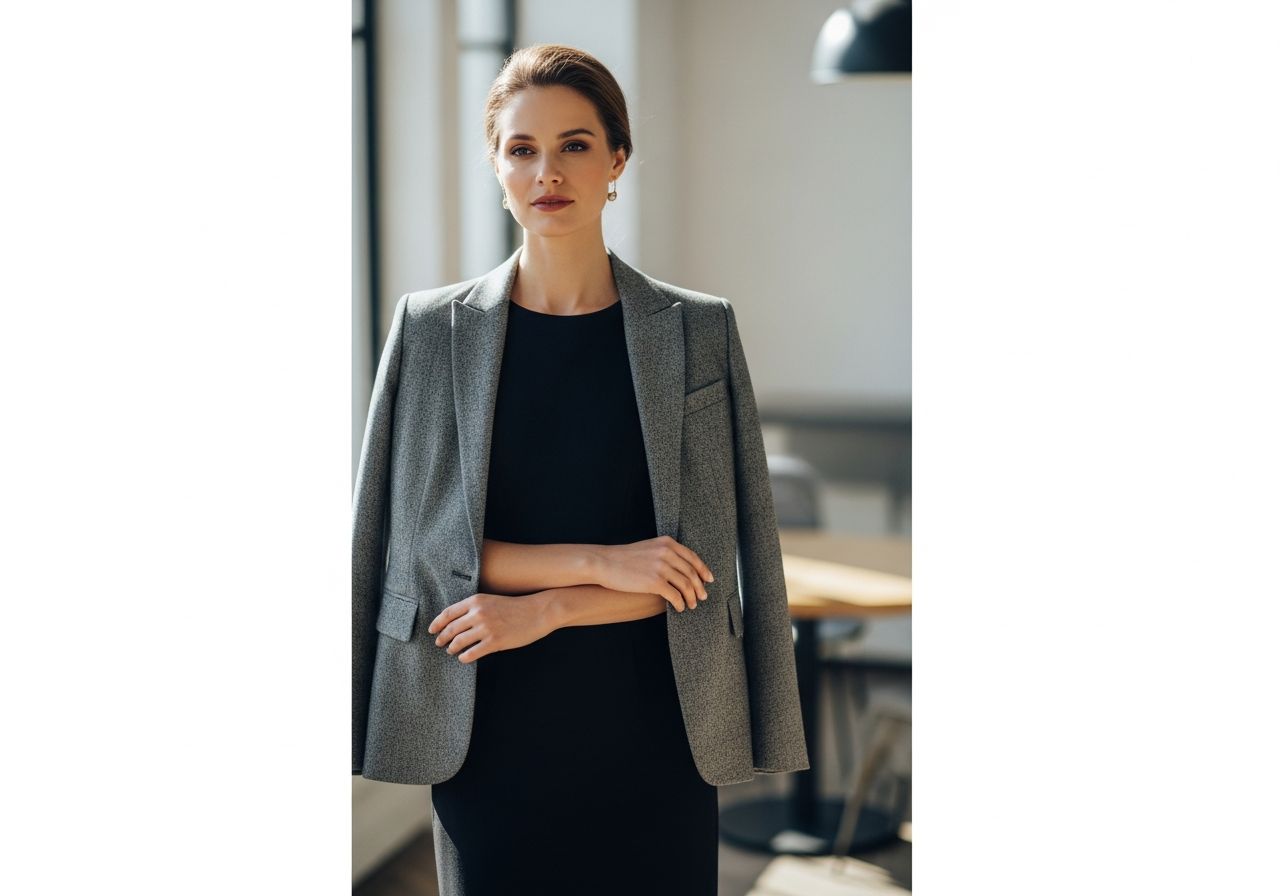 Žena v černých šatech a sako stojí v moderní kanceláři, zaměřeno na kvalitní materiály a střih saka.