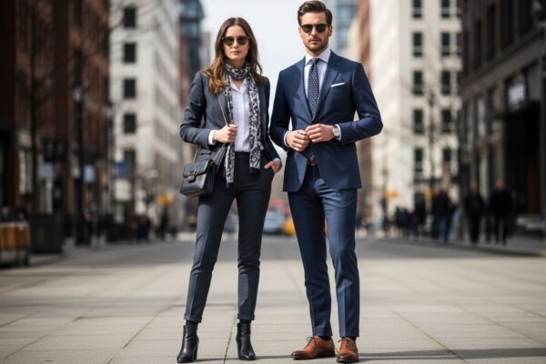 Stylový pár v městském prostředí s moderními obleky a doplňky, přirozené světlo, ostré zaměření