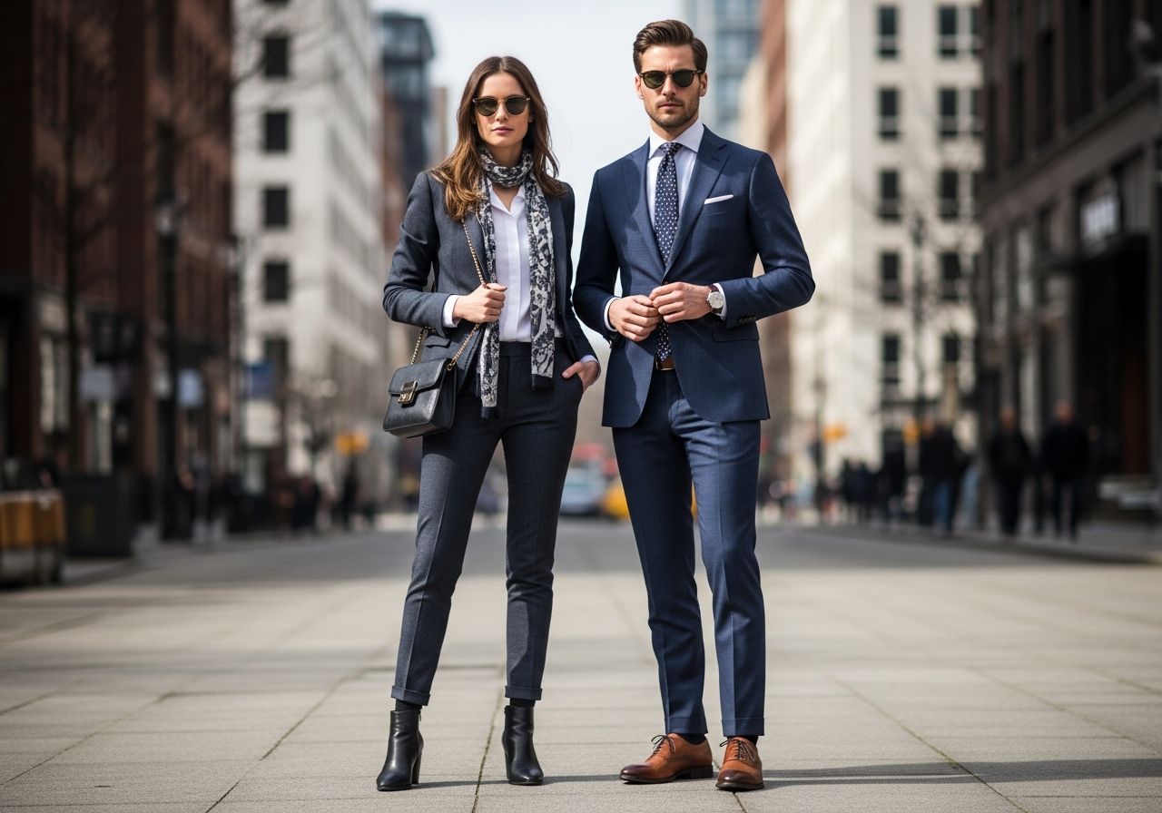Stylový pár v městském prostředí s moderními obleky a doplňky, přirozené světlo, ostré zaměření