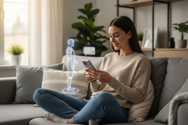 Mladá žena sedí na pohovce, drží telefon a komunikuje se s holografickým chatbotem partnerem.