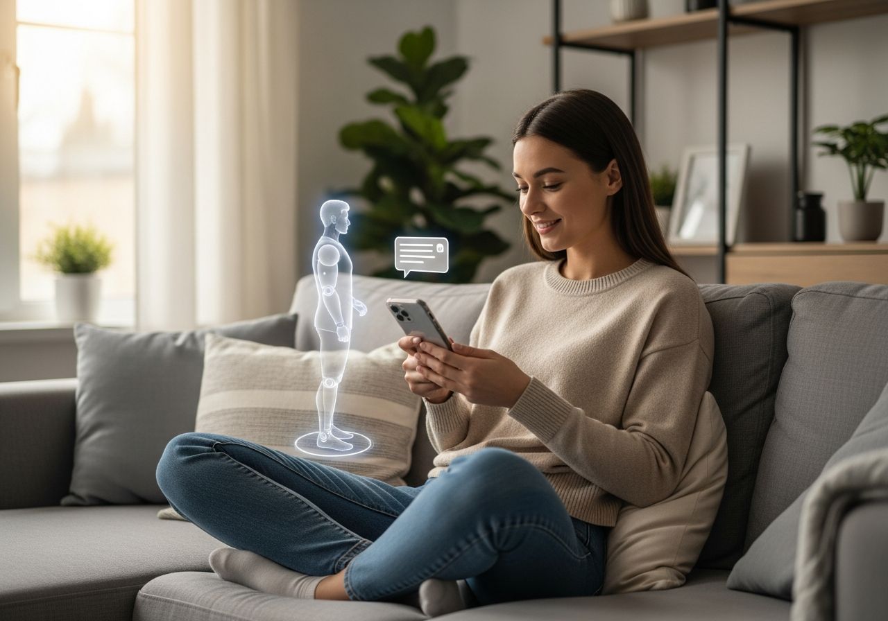 Mladá žena sedí na pohovce, drží telefon a komunikuje se s holografickým chatbotem partnerem.