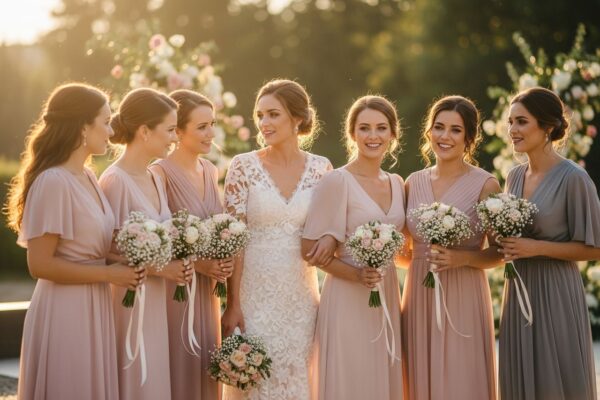 Skupina družiček v pastelových šatech s kyticemi venku při západu slunce na svatbě