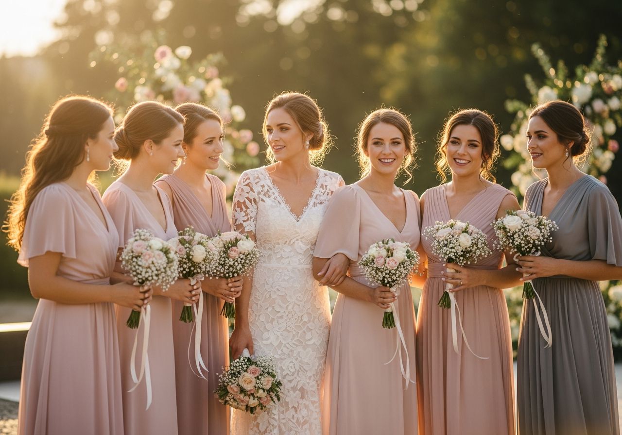 Skupina družiček v pastelových šatech s kyticemi venku při západu slunce na svatbě