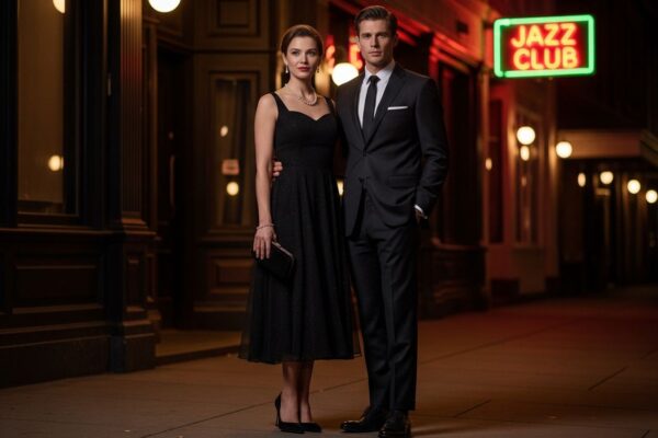 Elegantní pár před jazzovým klubem večer, žena v černých šatech, muž v tmavém obleku, neonové světlo pozadí