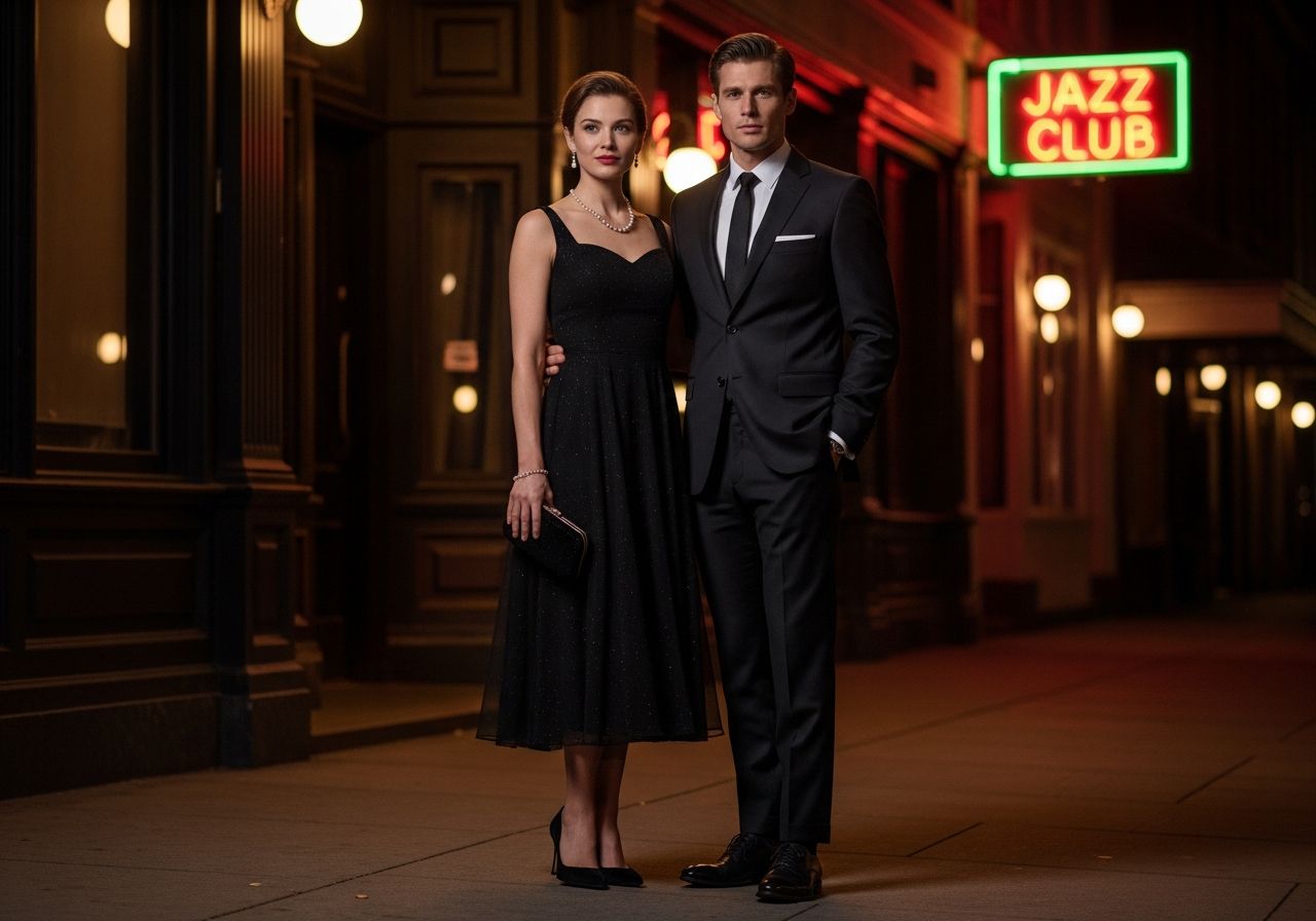 Elegantní pár před jazzovým klubem večer, žena v černých šatech, muž v tmavém obleku, neonové světlo pozadí