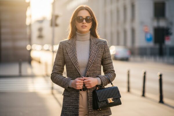 Stylová žena v moderním blejzru s doplňky na městské ulici za zlaté hodiny světla.