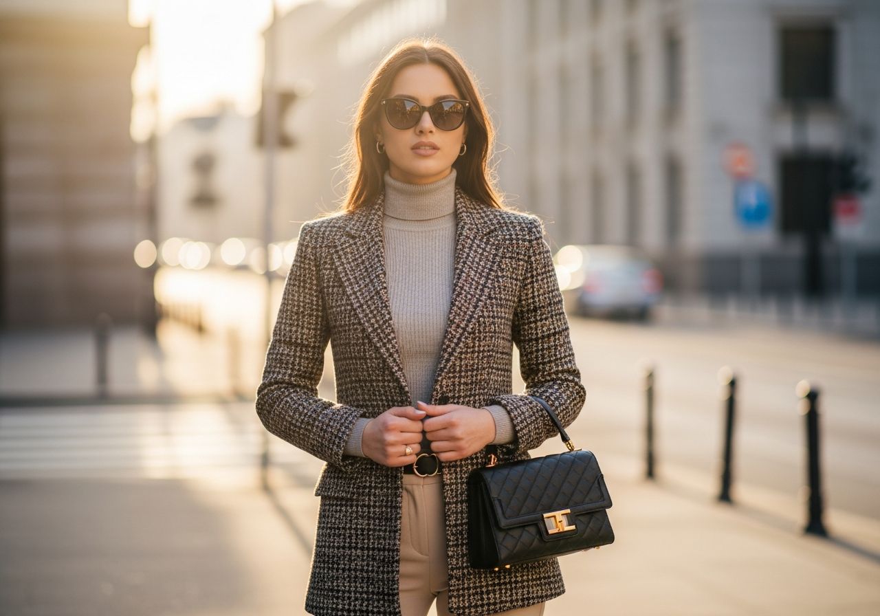 Stylová žena v moderním blejzru s doplňky na městské ulici za zlaté hodiny světla.