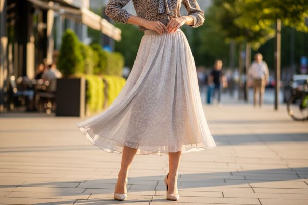 Žena v mídi sukni a haleně pózuje ve městě za zlaté hodiny, zdůrazňujíc pohyb látky.