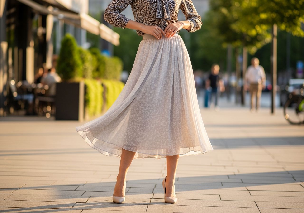 Žena v mídi sukni a haleně pózuje ve městě za zlaté hodiny, zdůrazňujíc pohyb látky.
