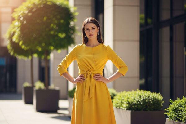 Mladá žena ve žlutých šatech stojí ve městě se zelení a moderní architekturou pozadí.