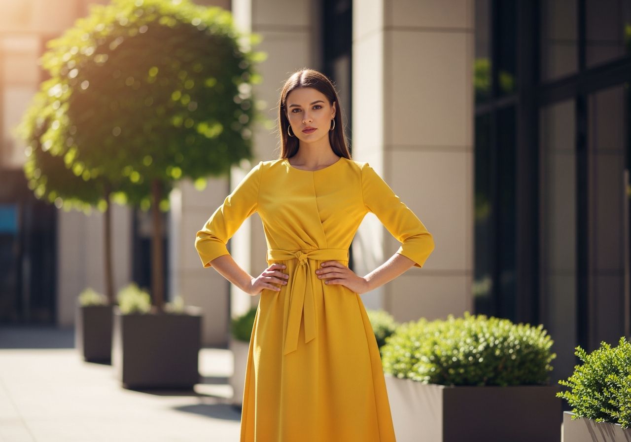 Mladá žena ve žlutých šatech stojí ve městě se zelení a moderní architekturou pozadí.