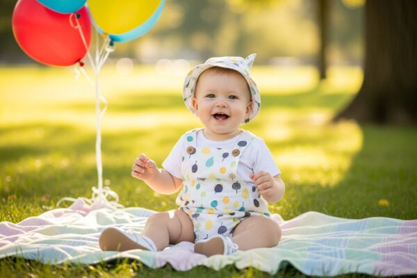 Roztomilé dítě v lehkém overal na pikniku s balónky a zelení v pozadí za slunečného dne