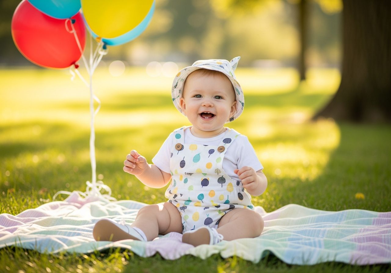 Roztomilé dítě v lehkém overal na pikniku s balónky a zelení v pozadí za slunečného dne