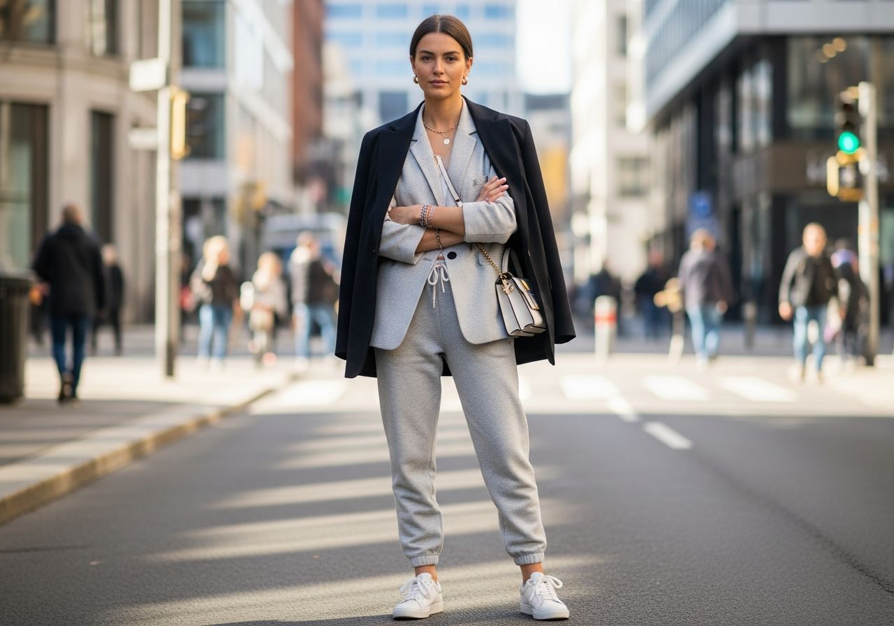 Mladá žena v módním oblečení stojí na městské ulici se stylovým sakem a teniskami.