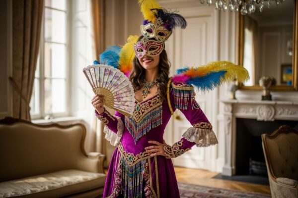 Mladá žena v karnevalovém kostýmu s maskou a vějířem v elegantní místnosti.