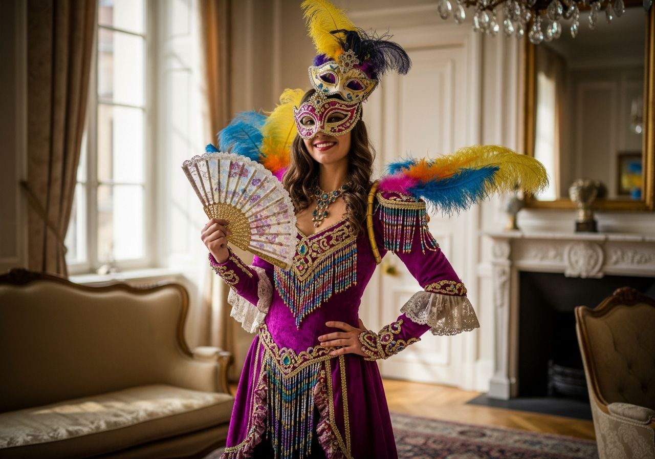 Mladá žena v karnevalovém kostýmu s maskou a vějířem v elegantní místnosti.