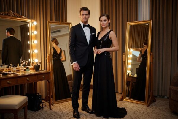 Muž v smokingu a žena v dlouhých šatech připravující se na gala za zrcadly v šatně