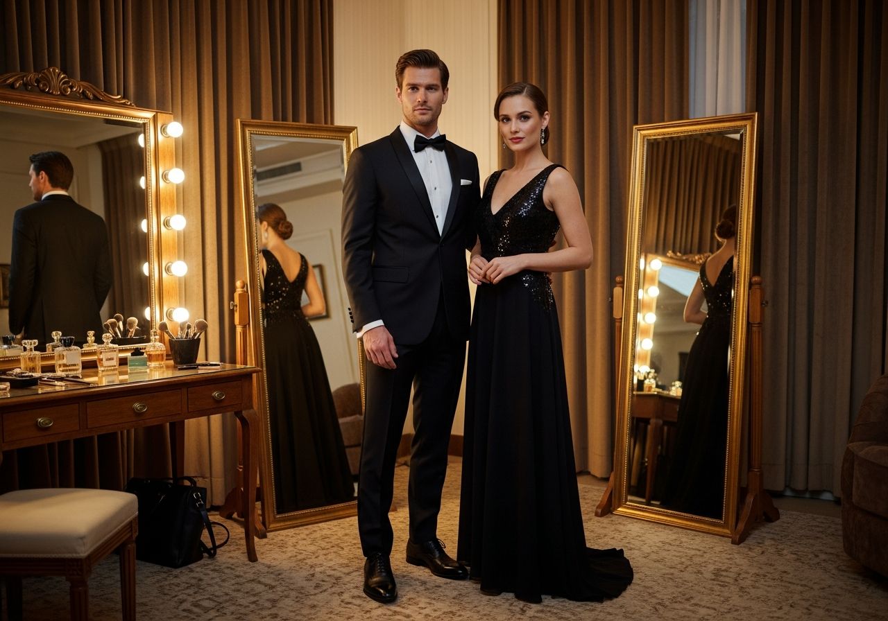 Muž v smokingu a žena v dlouhých šatech připravující se na gala za zrcadly v šatně