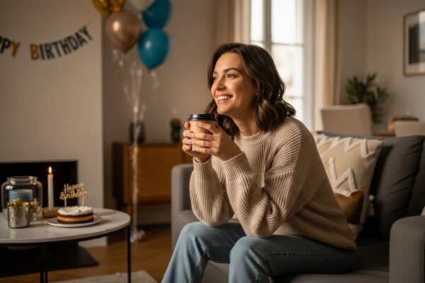 Mladá žena s šálkem kávy slaví narozeniny v moderním obývacím pokoji s balónky a dortem.