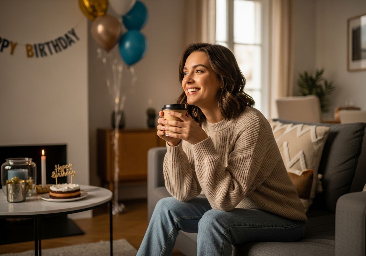 Mladá žena s šálkem kávy slaví narozeniny v moderním obývacím pokoji s balónky a dortem.