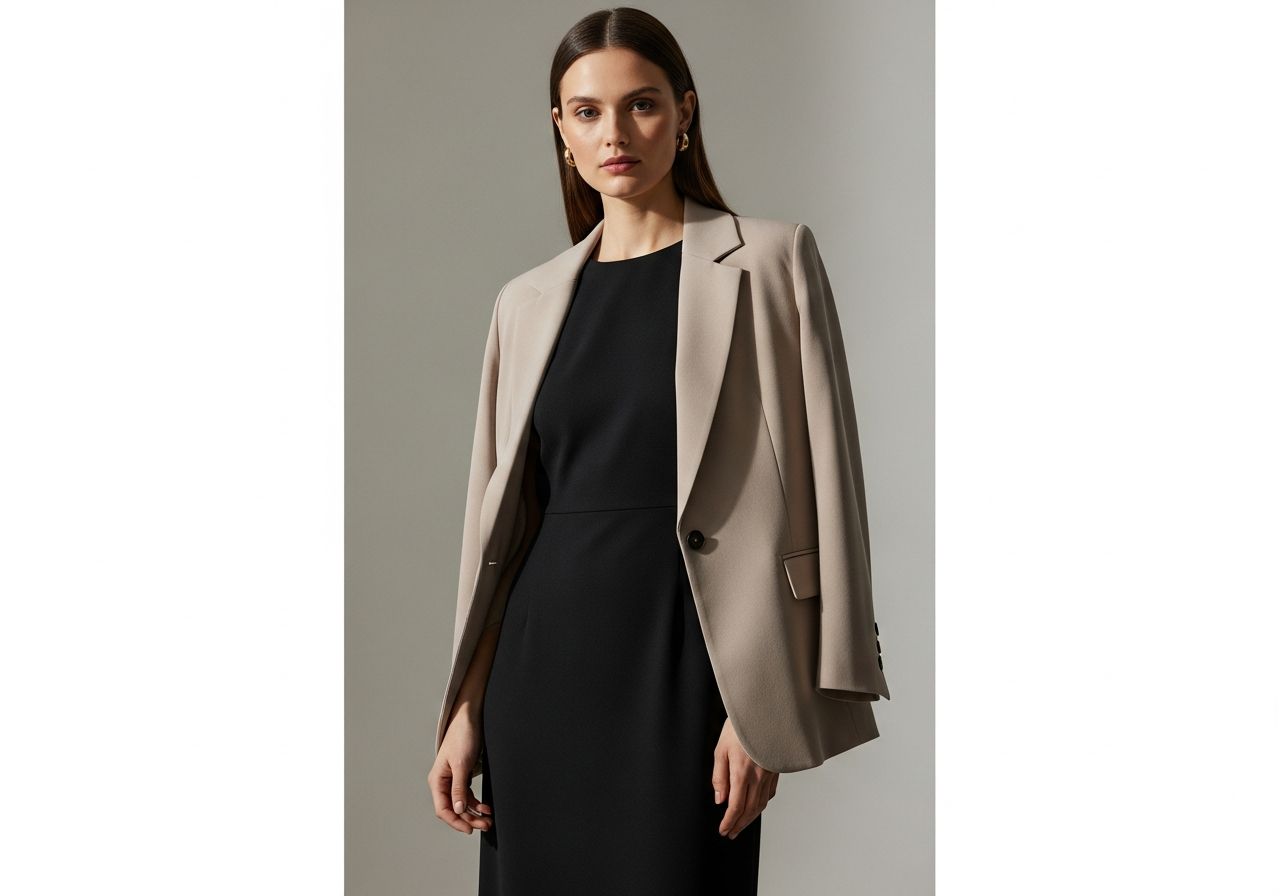 Stylová žena v černých šatech a béžovém saku stojí na neutrálním pozadí v profesionální póze.