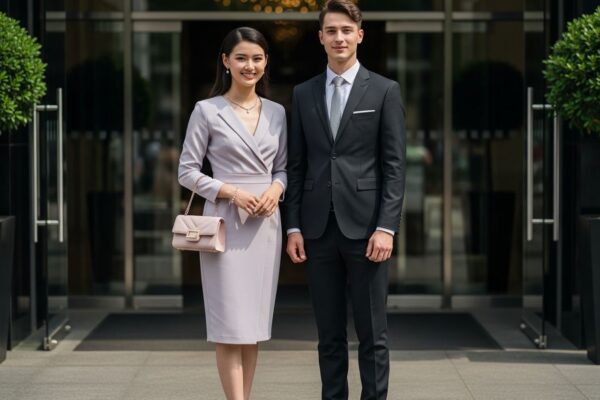 Mladý muž a žena v elegantním oděvu stojí spolu před moderní budovou na promoční akci.