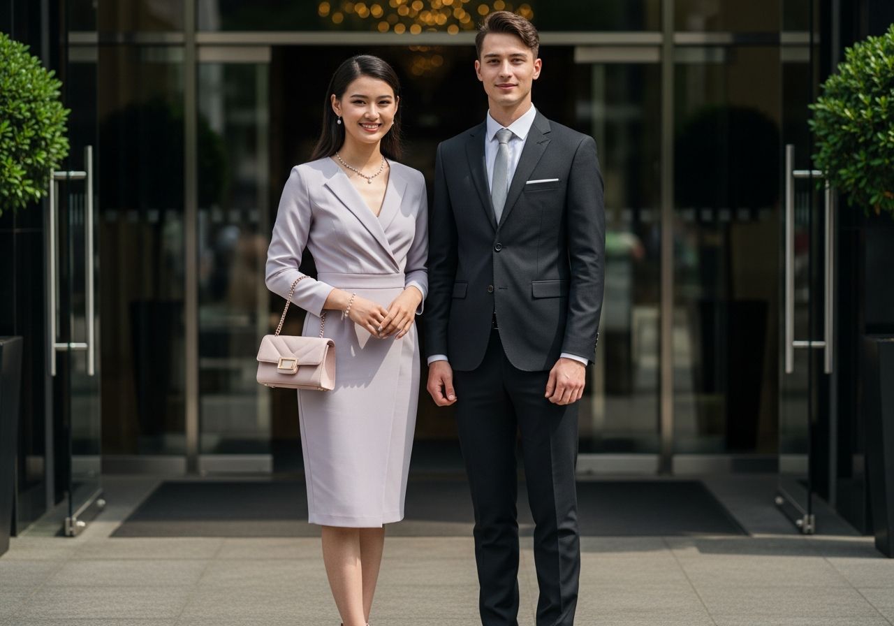 Mladý muž a žena v elegantním oděvu stojí spolu před moderní budovou na promoční akci.