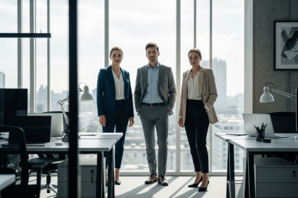 Tři profesionálové stojí v moderní kanceláři u okna s výhledem na město, denní světlo osvětluje scénu