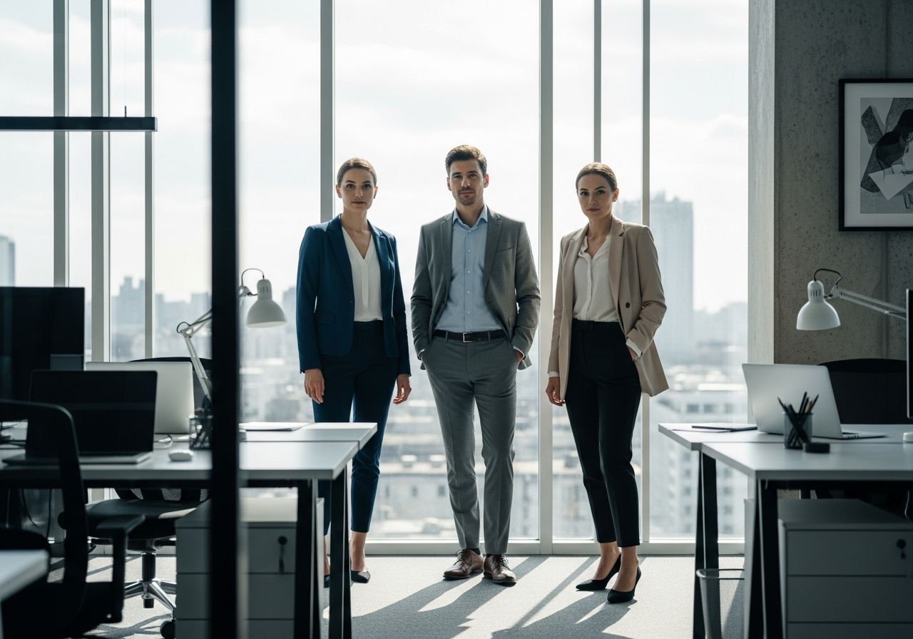 Tři profesionálové stojí v moderní kanceláři u okna s výhledem na město, denní světlo osvětluje scénu