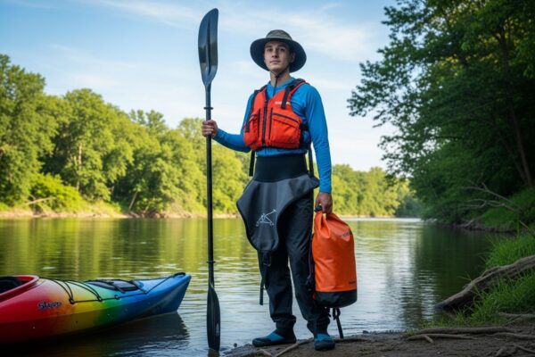 Mladý člověk s vestou a pádlem stojí u řeky s kajakem a batohom pod modrou oblohou.
