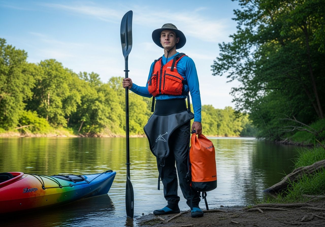 Mladý člověk s vestou a pádlem stojí u řeky s kajakem a batohom pod modrou oblohou.