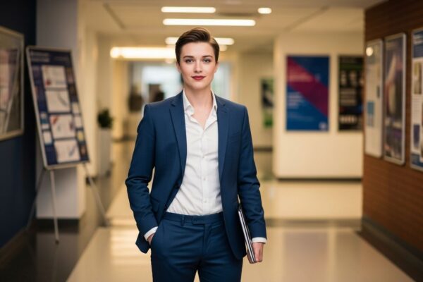 Mladý profesionál v modrém obleku s notebookem v moderní univerzitní chodbě připravený na prezentaci