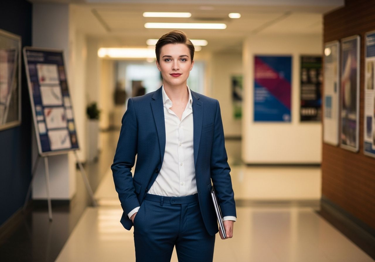 Mladý profesionál v modrém obleku s notebookem v moderní univerzitní chodbě připravený na prezentaci