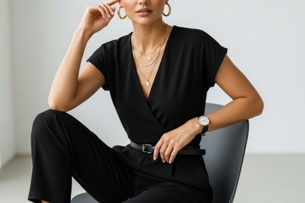 Stylová žena v černém overal na moderní židli s zlatými náušnicemi a jemnými šperky, rozostřené pozadí