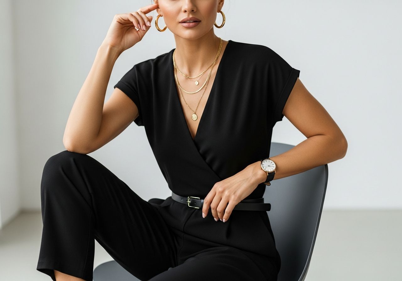 Stylová žena v černém overal na moderní židli s zlatými náušnicemi a jemnými šperky, rozostřené pozadí