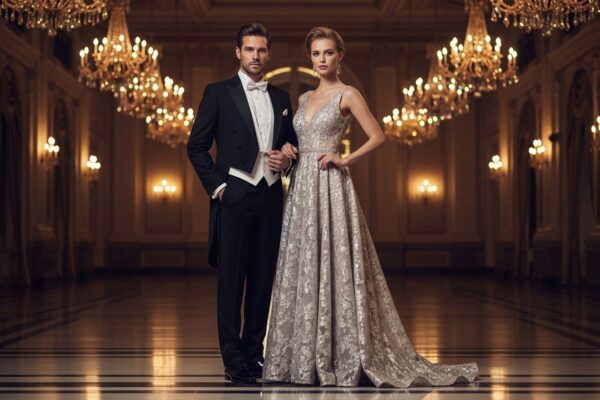 Elegantní pár v gala oblečení stojí v bohatě zdobené síni s lustry a mramorovou podlahou