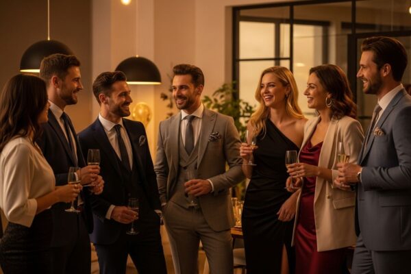 Skupina kolegů v kanceláři na firemní party, smějí se a komunikují v moderním prostředí.